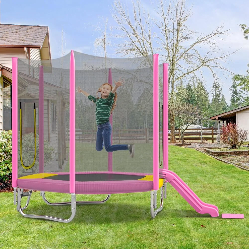 Merax 7FT Trampoline with Slide for Kids, Outdoor Indoor Toddler Trampoline with Safety Enclosure Net, Round Recreational Trampoline with Slide and Ladder, Pink