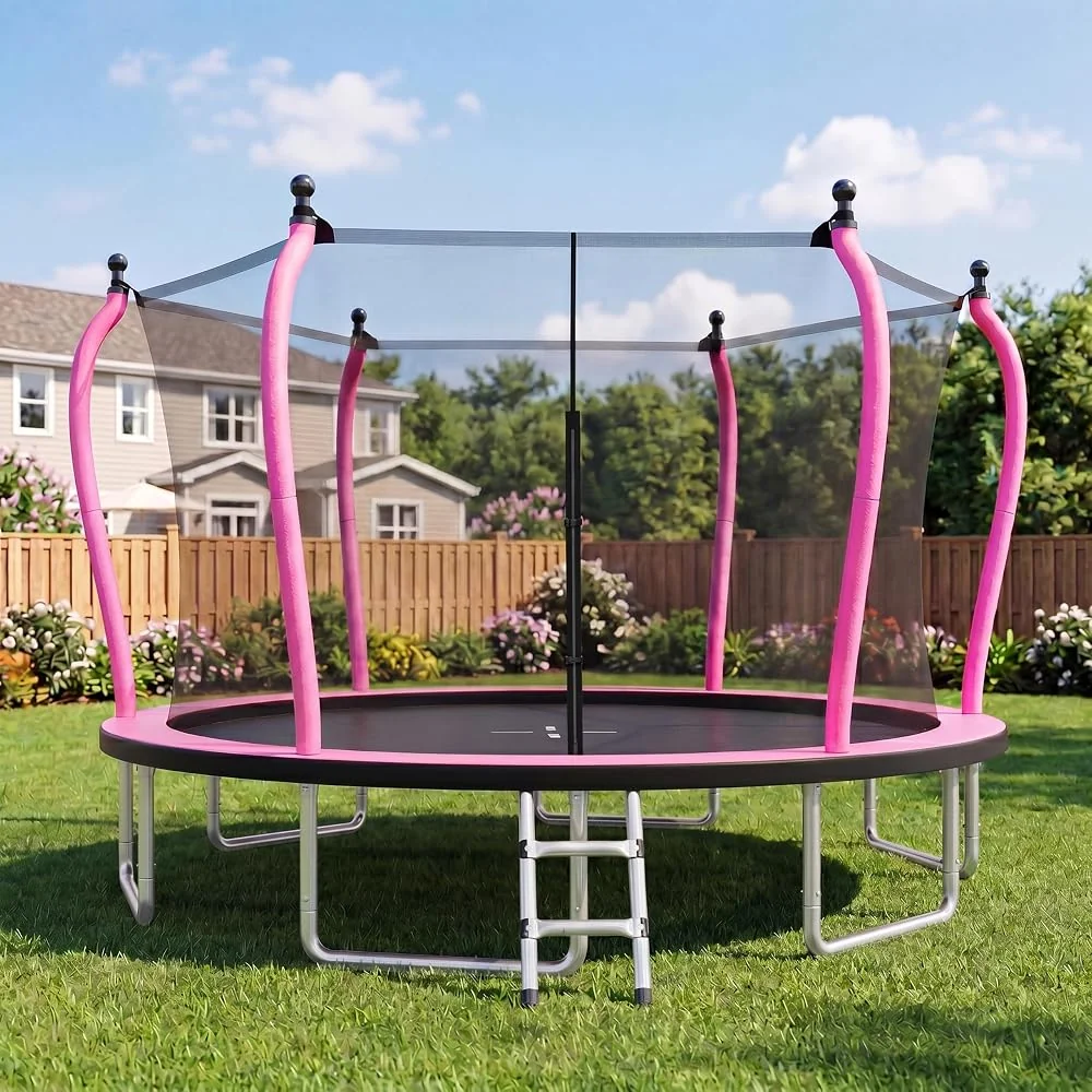 Merax 14FT Trampoline for Kids and Adults, Outdoor Round Recreational Trampoline with Safety Enclosure Net and Ladder, Heavy Duty Galvanized Steel Frame, Pink