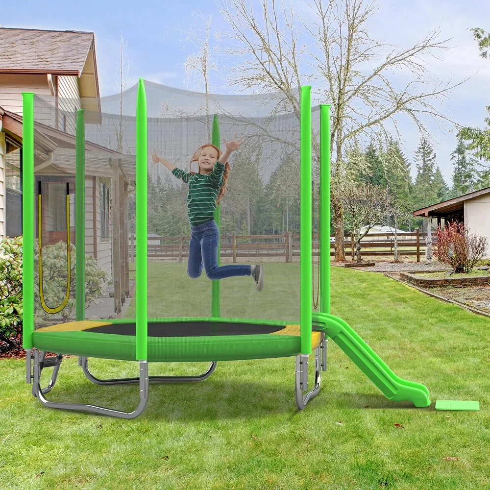 Merax 7FT Kids Trampoline with Slide and Ladder, Easy Assembly Round Outdoor Recreational Trampoline, Green