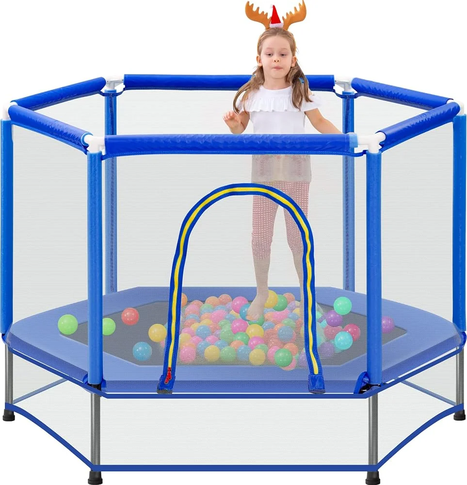 Merax 55" Mini Trampoline for Kids, 4.5FT Indoor Outdoor Toddler Trampoline with Safety Enclosure Net and Pit Balls, Blue